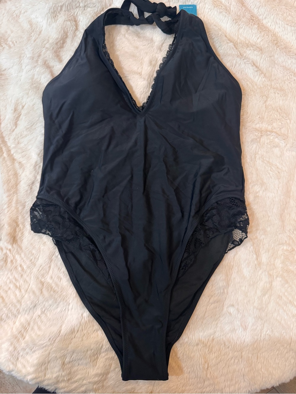 Cupshe Black Lace Trim Halter One-Piece Bodysuit